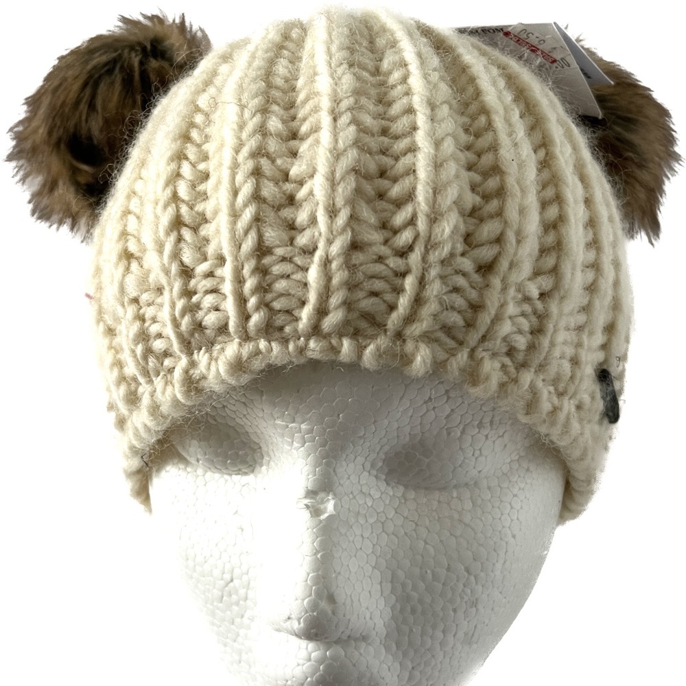 New Knitwits Beanie Knit Hat 2 Pompoms Wool Adult Handmade in Nepal Ivory NWT